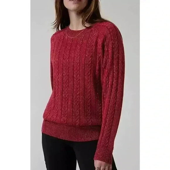 Athleta Crossroads Metallic Holiday Sweater Cable Knit Crew Wool | Red | SZ 2X - Picture 2 of 13